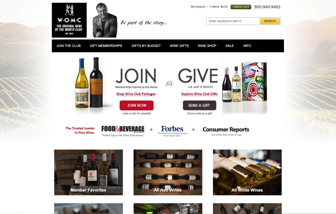 Wine club website homepage with membership options